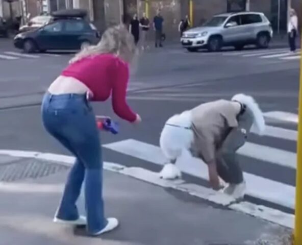 Uomo cane gira per le strade del Flaminio insieme alla sua “proprietaria”